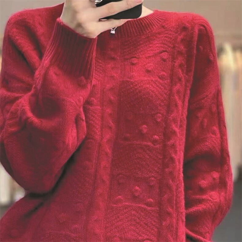 2025秋冬新款100%纯羊毛衫女圆领提花加厚毛衣宽松羊绒针织打底衫，女装针织衫/毛衣，萱芳婷羊绒