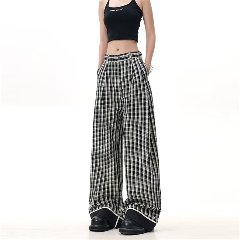 网络图现货潮流复古翻边格子裤高腰休闲直筒阔腿拖地裤JX69-P46，男装休闲裤，星座715-7