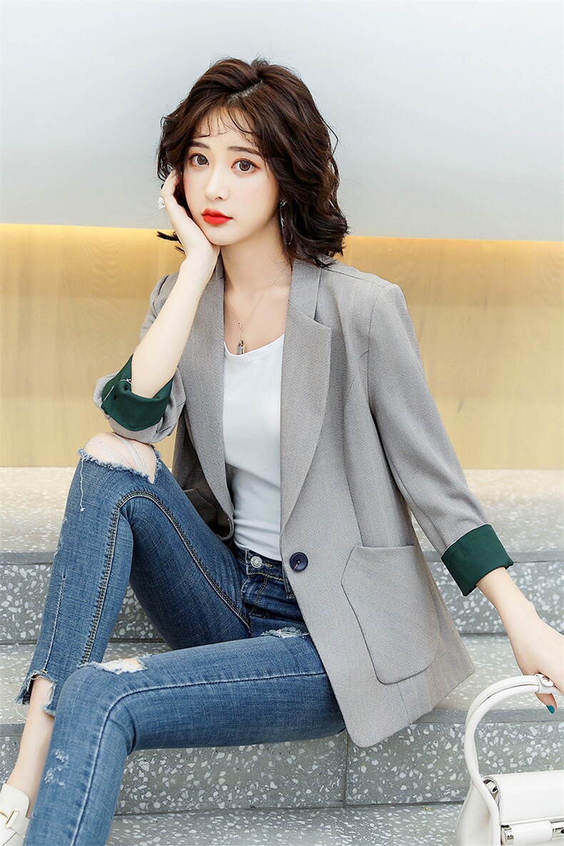 时尚拼接薄款七分袖西装外套女春夏新款显瘦百搭气质小西服,女装西装,一安秀