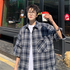 短袖衬衫男夏季新款磨毛格子衬衣DX711-特批25无差价，男装T恤，星座214-3