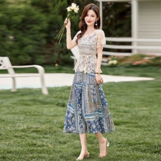 碎花吊带套装连衣裙女夏季法式复古波西米亚度假风显瘦裙子两件套，女装套装/套裙，鑫鑫美