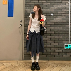 韩版甜辣通勤风修身泡泡袖衬衫+高腰蝴蝶结宽松半身裙两件套装女，男装衬衫，星座1210-1