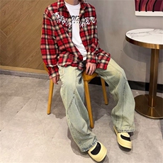 格子衬衫男长袖韩版潮流2025春季字母刺绣高街帅ins外套CY315-P36，男装衬衫，星座412-2