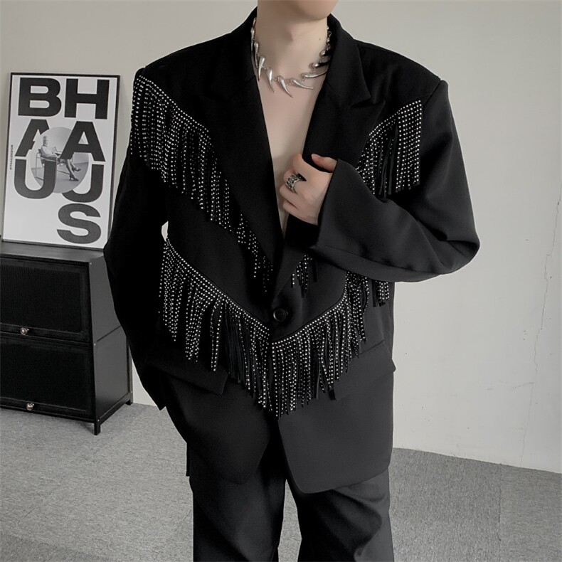 舞台演出服男秋冬高级小众设计感流苏西装韩系垫肩礼服大码西服潮图片