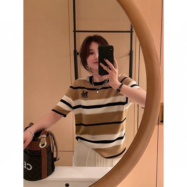 女装短袖T恤女圆领针织衫马车提花刺绣条纹，女装针织衫/毛衣，沐策羊绒