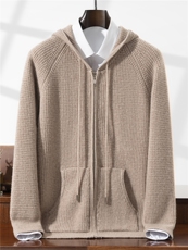 2025年秋冬100羊毛开衫七针双股菠萝针连帽拉链羊毛衫外套，男装针织衫/毛衣，星纬羊绒