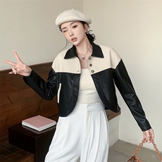 2024春装新款时尚气质拼色皮衣夹克，女装皮衣，美拉德工厂直营店