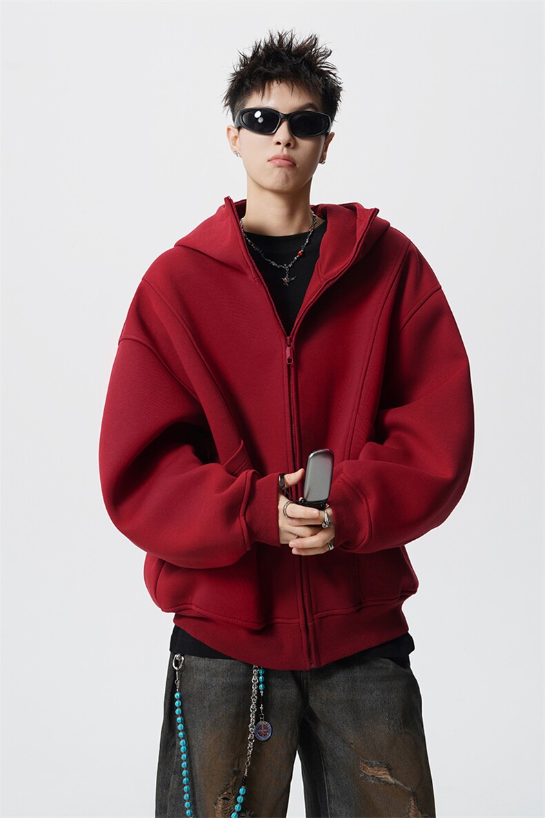 8XL-M休闲复古潮美式重磅连帽宽松安克拉红色卫衣外套WY34P8,女装短外套,电商D206-1