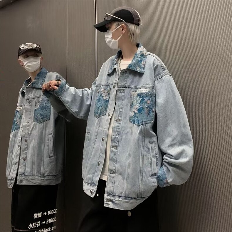 春秋刺绣牛仔外套男拼接高街日系复古休闲青少年短款夹克JK8828,男装夹克,星座1116A-1（原606A）
