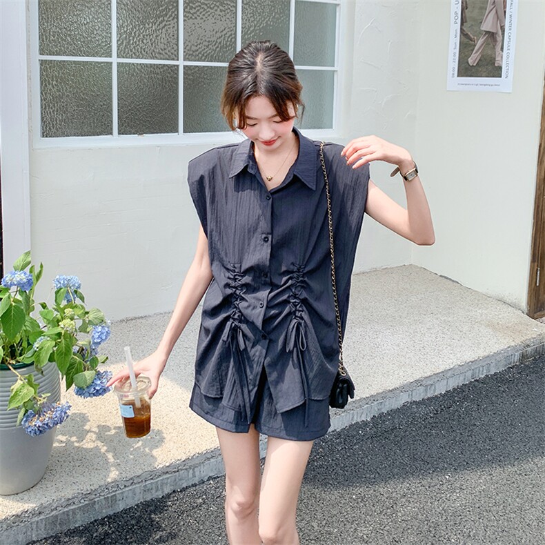 【新款现货】灰色抽绳坎袖衬衣短裤两件套F550-P125-K188,女装套装/套裙,2C255