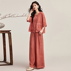 韩城.文艺范苎麻炒色棉麻套装女松驰大码2025夏天透气开衫阔腿裤s，女装套装/套裙，宝儿家