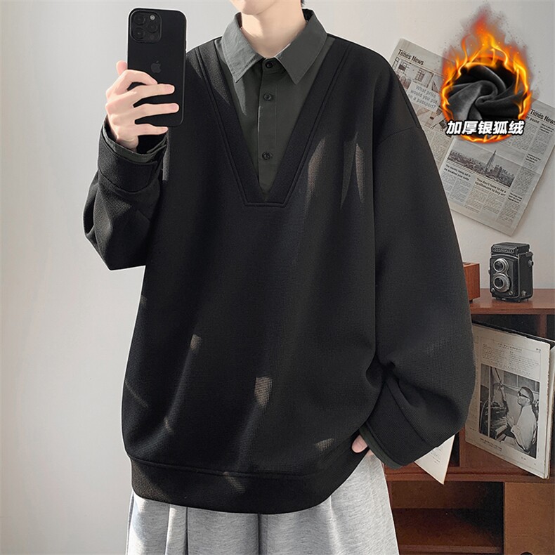 480g重磅华夫格假两件加绒银狐绒长袖卫衣W5031J加绒-特P50控98,男装卫衣,电商A001