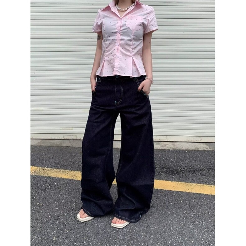 新款潮流文艺美式复古绿松石弯刀牛仔裤女情侣阔腿裤LN13122-P50,男装牛仔裤,星座1008