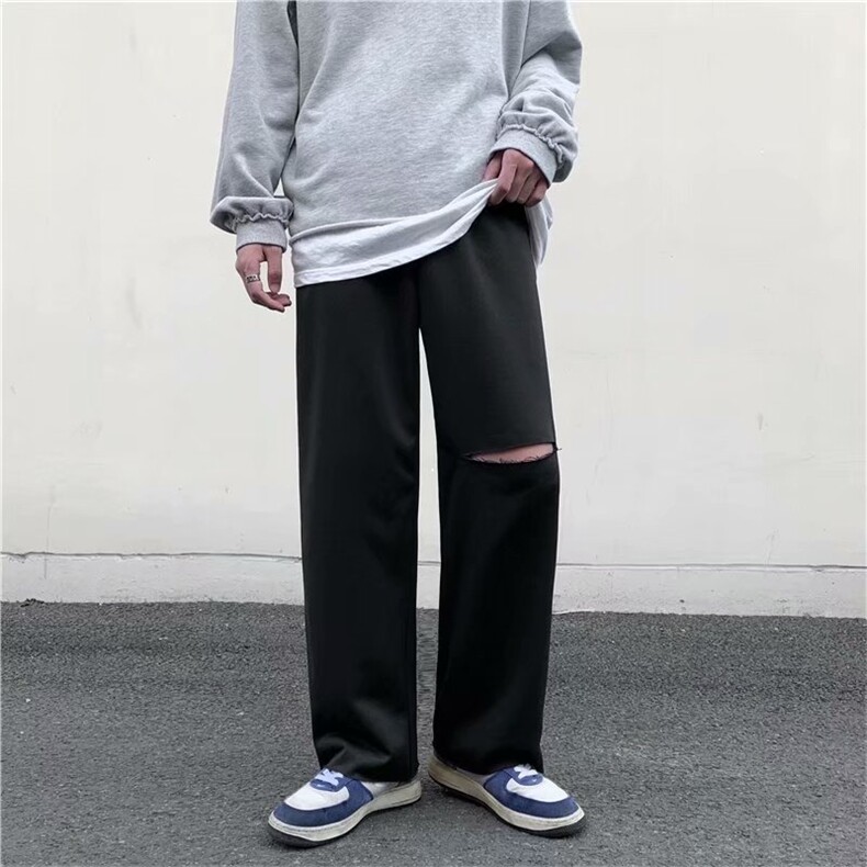 韩版宽松春季港风破洞阔腿裤休闲裤男士ins直筒九分裤K1347-P30,男装休闲裤,星座512-2