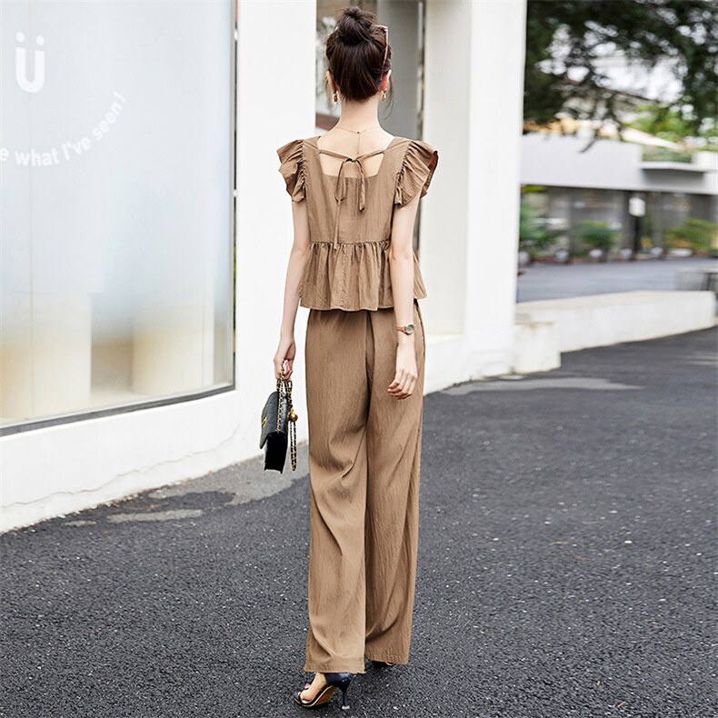 时尚休闲洋气短袖上衣套装女2025年夏季新款薄款透气阔腿裤两件套,女装套装/套裙,魅影
