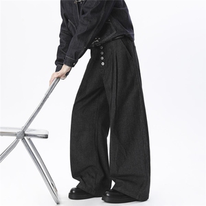N1663-P50宽松阔腿牛仔裤慵懒排扣长裤男女图片
