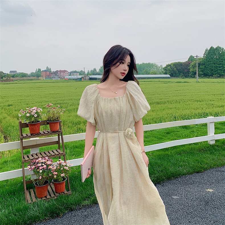 夏季连衣裙2025新款女洋气泡泡袖慵懒宽松气质可甜可盐超好看裙子,女装连衣裙,纯色衣恋