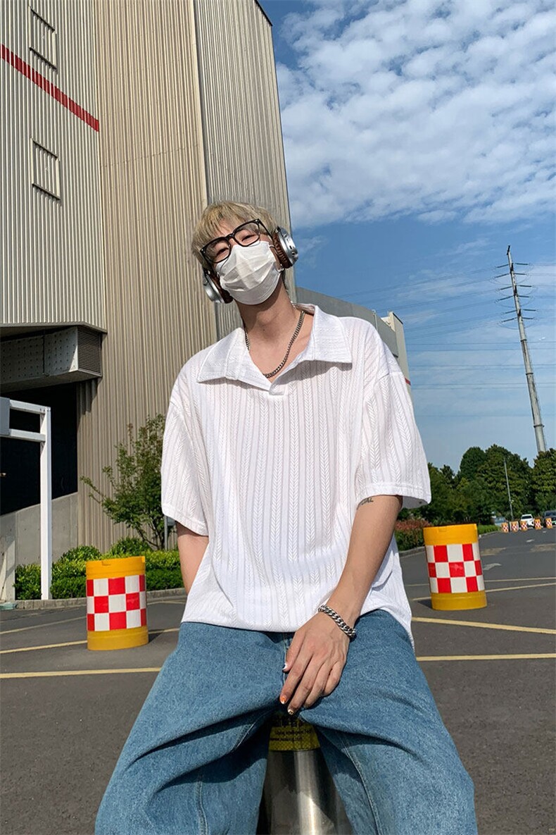 麦穗纹短袖T恤男生夏季薄款青少年潮牌宽松大码翻领五分中袖体恤,男装T恤,电商A007