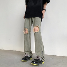 破洞拉链牛仔裤男款夏季美式高街vibe潮牌痞帅炸街N0308-P45，男装牛仔裤，星座308B-1