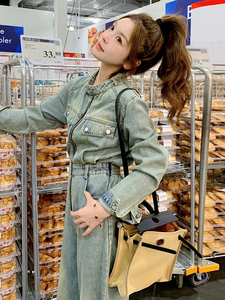 （新款现货）2026春装时尚休闲复古色立领拉链工装阔腿牛仔连体裤图片