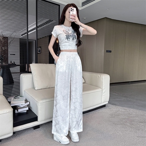 水衣源2247款夏季新款缎面提花垂感凉爽阔腿裤女显瘦中式长裤图片