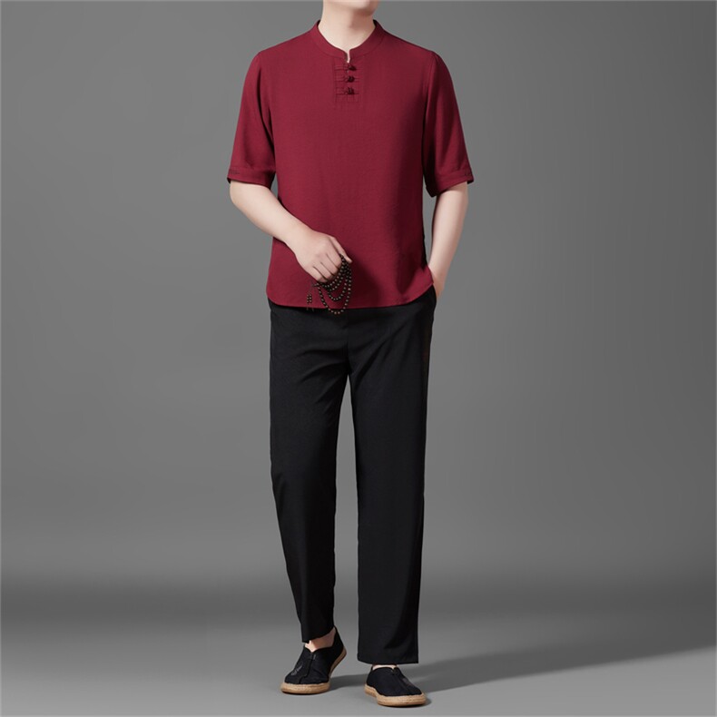 男款夏季长裤中年棉麻中式亚麻爸爸套装，男装休闲套装，钱塘6003B