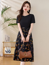 高级感印花拼接连衣裙女2025夏季新款收腰显瘦气质女神范减龄裙子，女装连衣裙，魅家