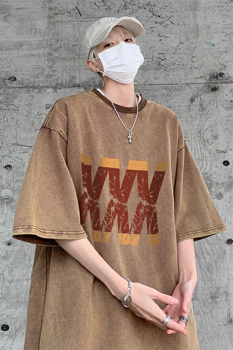 B239-X1026-P38美式字母做旧水洗短袖落肩袖短袖T恤男,男装T恤,星座514-2(原B239)