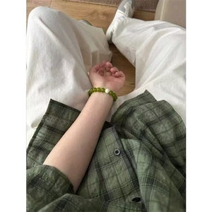 军绿色复古格子短袖衬衫男夏季凉感速干休闲衬衣冰丝外套 C113图片