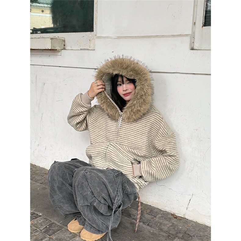 美式条纹连帽毛领卫衣外套男女秋冬宽松慵懒风拉链开衫WM6035-P78,女装短外套,星座208-5