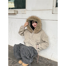 美式条纹连帽毛领卫衣外套男女秋冬宽松慵懒风拉链开衫WM6035-P78，女装短外套，星座208-5