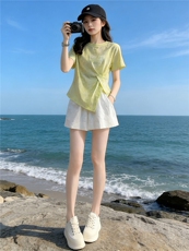 欧韩时尚潮流套装女夏新款圆领印花侧开叉短袖上衣蕾丝短裤两件套，女装套装/套裙，江南
