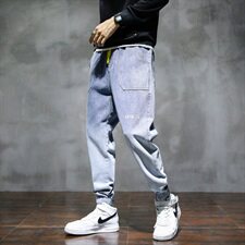 秋冬九分牛仔裤男宽松休闲系绳潮牌裤子束脚哈伦裤C402，男装牛仔裤，星座610（原A335）