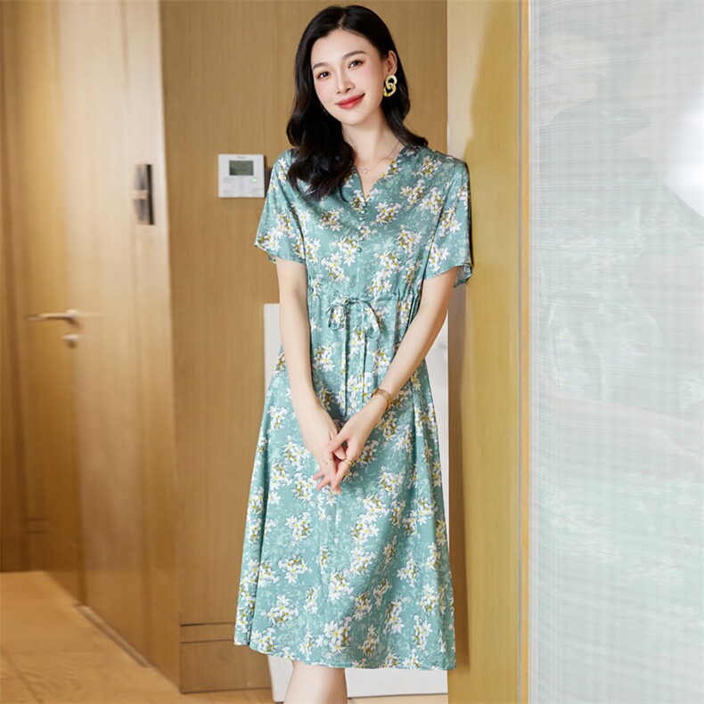 法式气质V领水墨印花连衣裙女2024夏季新款收腰显瘦洋气减龄裙子,女装连衣裙,阿舍尔精品
