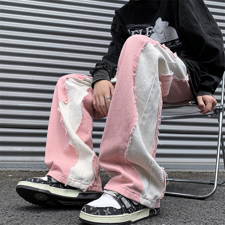 8XL-M特大码美式高街ins小众vibe鸳鸯黑白拼接直筒牛仔裤K929P60，男装休闲裤，电商D206-1