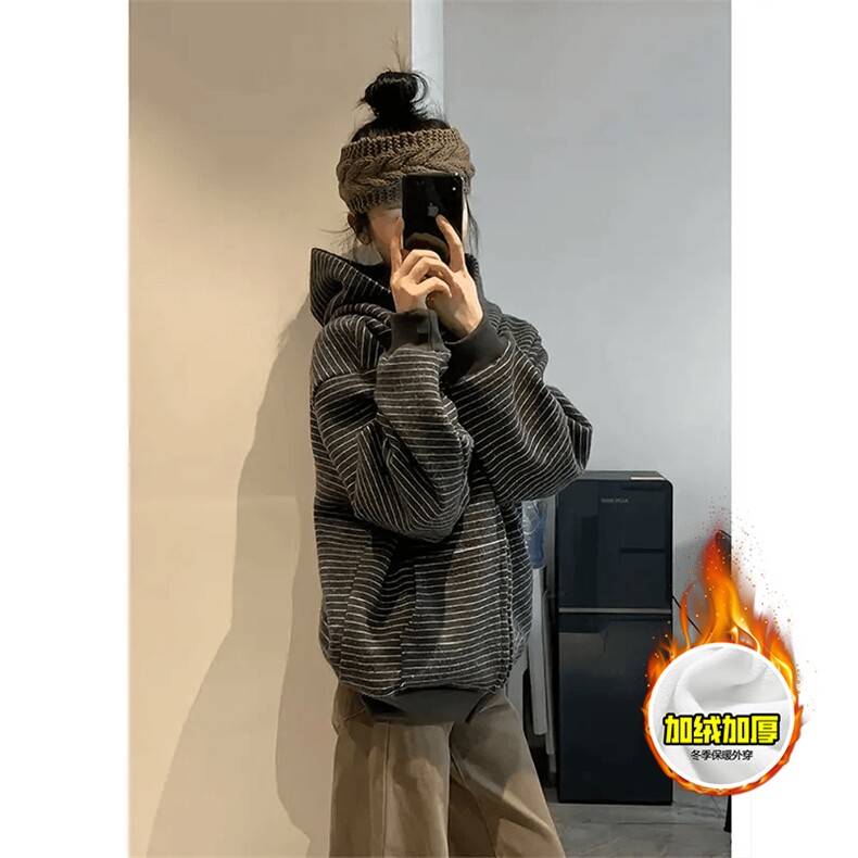 480G重磅加绒硬挺boxy男女秋冬美式高街条纹毛呢卫衣开衫厚外套,女装短外套,电商A486