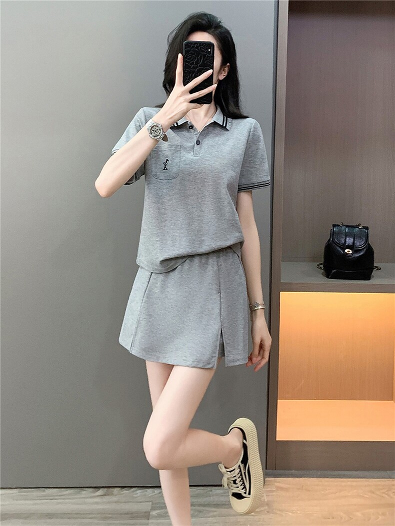 学院风时尚简约套装裙女夏新款修身显瘦Polo领短袖T恤裤裙两件套,女装套装/套裙,江南
