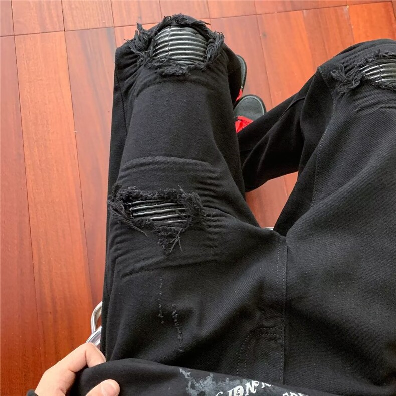 重工拼接牛仔裤男秋季网红帅破洞直筒设计修身小脚长裤RK1073-P43，男装牛仔裤，星座412-3