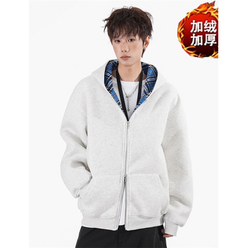 开衫卫衣男秋冬加绒加厚千鸟格蓝格子连帽休闲夹克外套WA234,男装夹克,星座1116A（原606A-3）