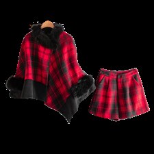 2024秋冬新款毛呢斗篷短裤红色格纹显瘦小洋装两件套袖毛可拆卸，女装套装/套裙，雅静靓衣