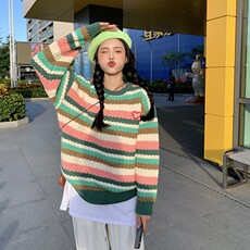 A129-P44毛衣女2025秋冬新款彩色条纹宽松长袖套头上衣，男装针织衫/毛衣，电商B323A