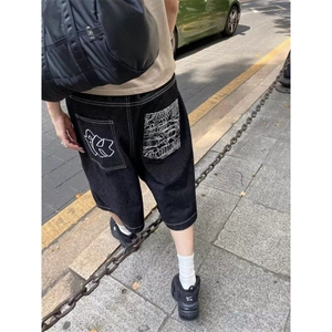 大码美式复古刺绣牛仔短裤夏季宽松阔腿hiphop嘻哈直筒裤五分中裤图片