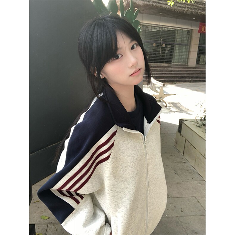 抖音得物高品质美式高街重磅结构织带拼接撞色立领卫衣外套CM41,女装短外套,电商A486-1