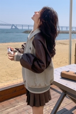 小众设计感pu皮拼接短外套女春秋2025新款好看独特气质通勤棒球服，女装短外套，2C088