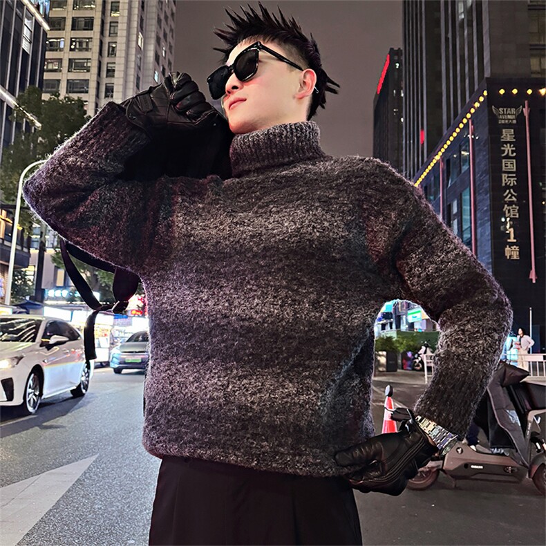 LV306/P98控138冬季慵懒可翻高领渐变复古针织衫套头毛衣绿首1,男装针织衫/毛衣,星座305B