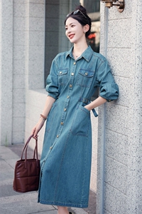 现货2023秋装新品牛仔风衣裙连衣裙女士韩版时尚修身气质图片