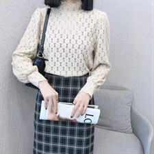 2021秋冬新款小花朵貂绒蕾丝衫上衣淑女半高领打底保暖小衫，女装蕾丝衫/雪纺衫，L·H·X