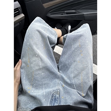 GENIOLAMODE蓝色美式水洗牛仔裤夏季男士新款宽松直筒潮牌七分裤，男装牛仔裤，电商B221