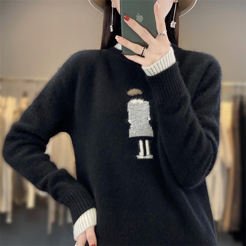 秋冬新款100%羊绒衫女双领拼色绣花毛衣宽松显瘦加厚羊毛针织打底图片