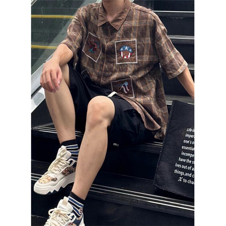 复古潮流刺绣格纹设计感半袖衬衫男女夏季轻奢宽松百搭上衣 C372图片